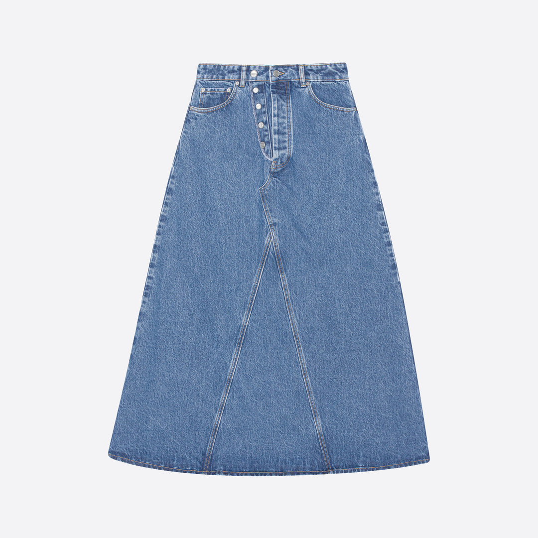 Ganni Overdyed Cutline Denim Maxi Skirt in Mid Blue Stone