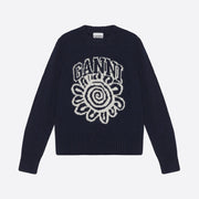 Ganni Graphic Flower O-Neck Pullover in Sky Captain