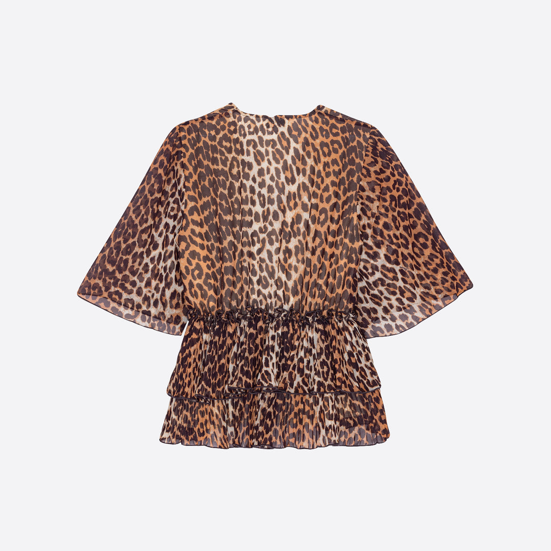 Ganni Pleated V-Neck Georgette Blouse in Leopard