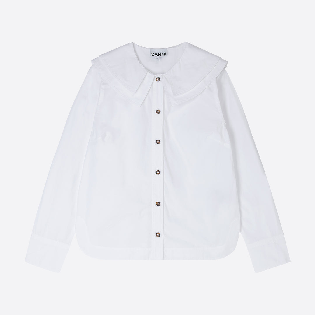 Ganni Cotton Poplin Double-Collar Shirt in White