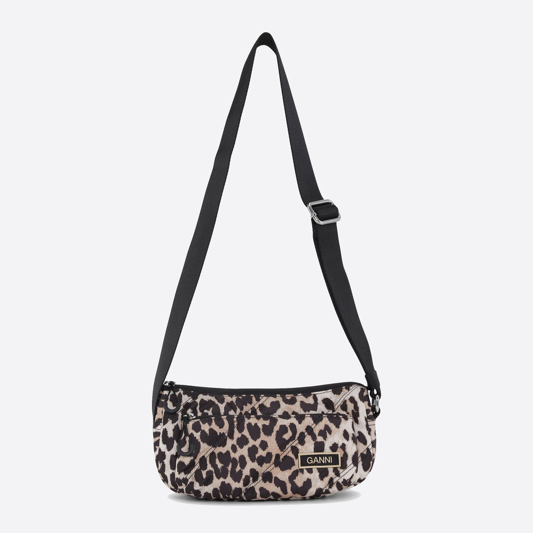 Ganni Quilted Recycled Tech Small Baguette Bag in Leopard