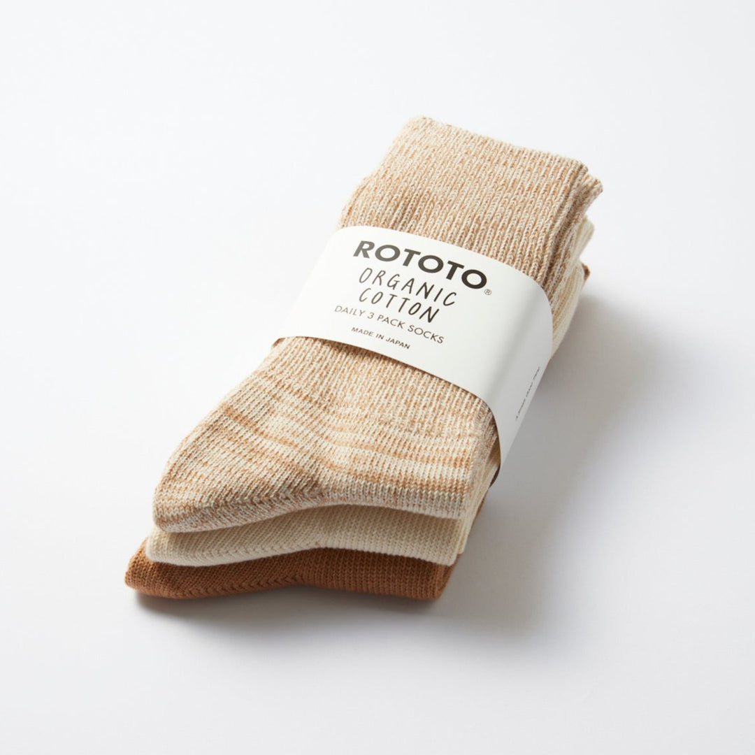 RoToTo Organic Daily 3 Pack Ribbed Socks Ecru / Brown